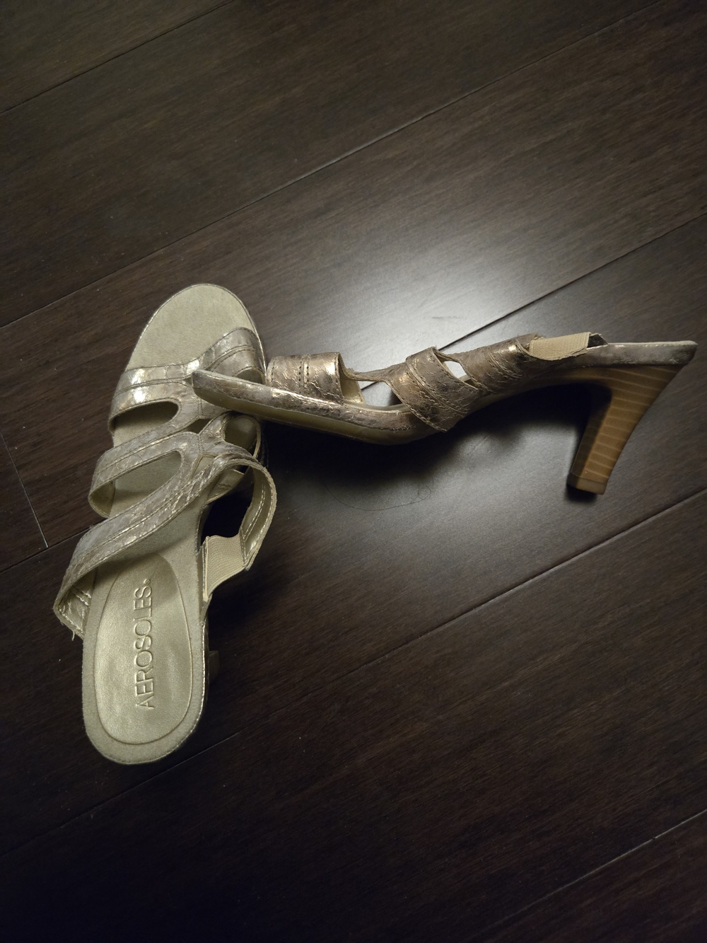 AEROSOLES Gold Metallic Strappy Mid-Heel Sandals